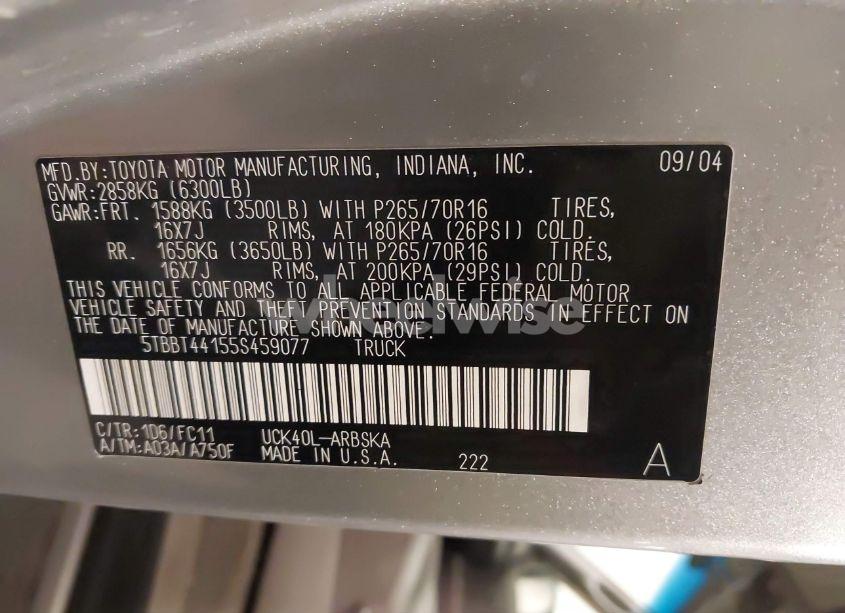 Photo 9 of 2005 Toyota Tundra SR5 V8 (VIN 5TBBT44155S459077)