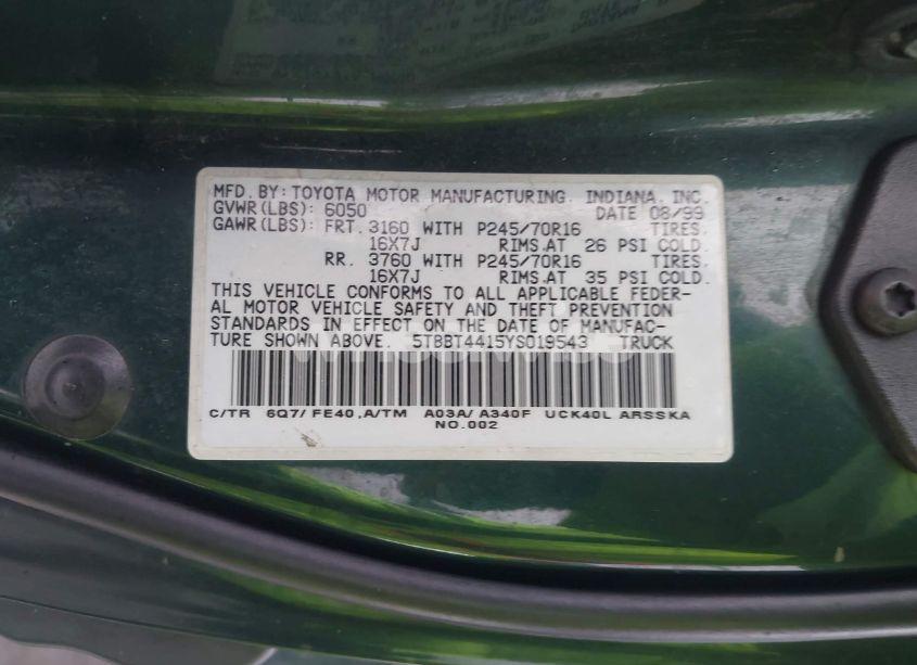 Photo 9 of 2000 Toyota Tundra SR5 V8 (VIN 5TBBT4415YS019543)