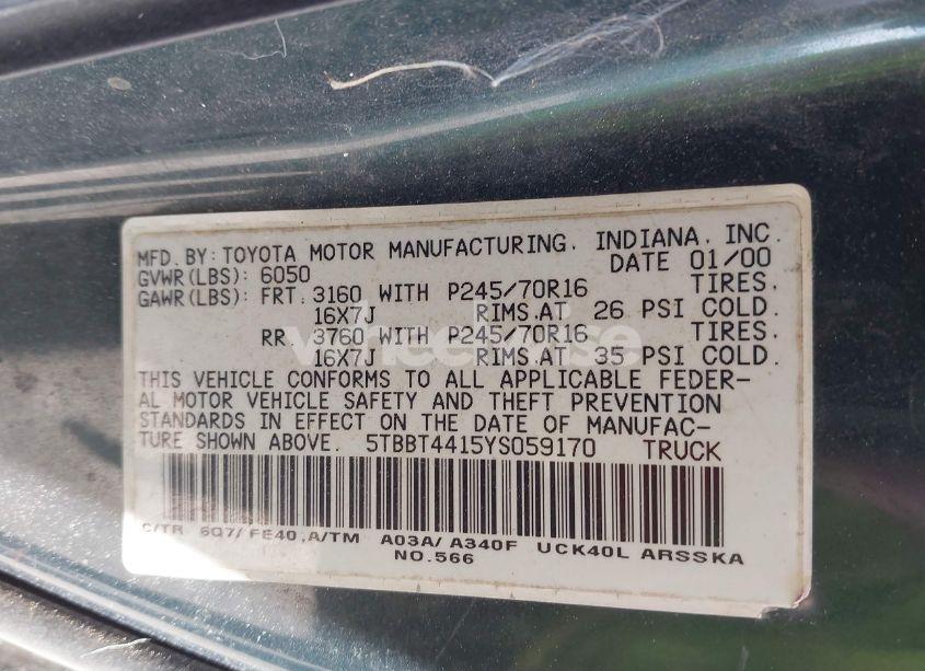 Photo 9 of 2000 Toyota Tundra SR5 V8 (VIN 5TBBT4415YS059170)