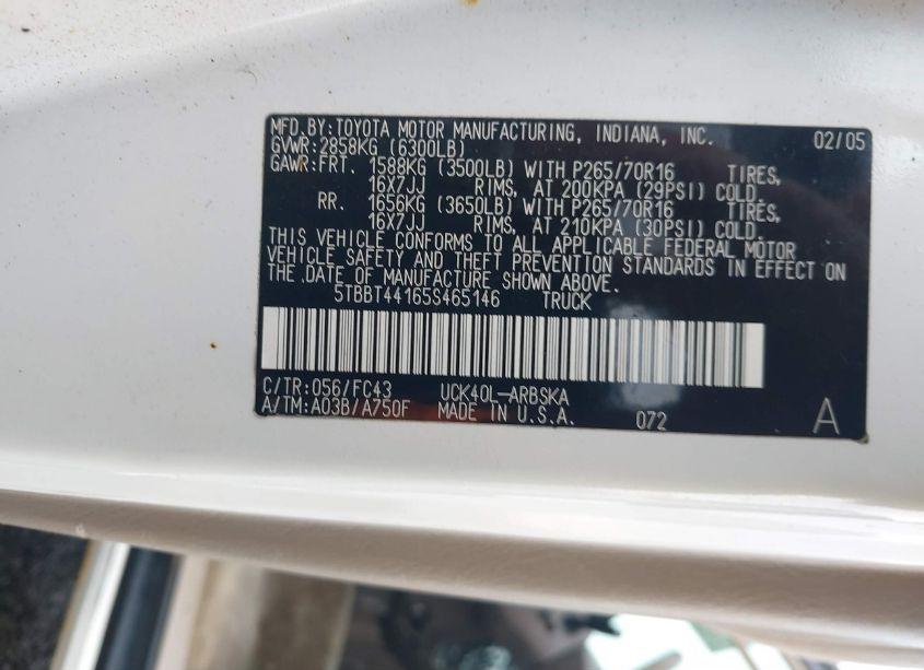 Photo 9 of 2005 Toyota Tundra SR5 V8 (VIN 5TBBT44165S465146)