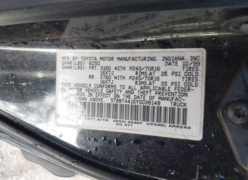 Photo 9 of 2000 Toyota Tundra SR5 V8 (VIN 5TBBT4416YS038148)