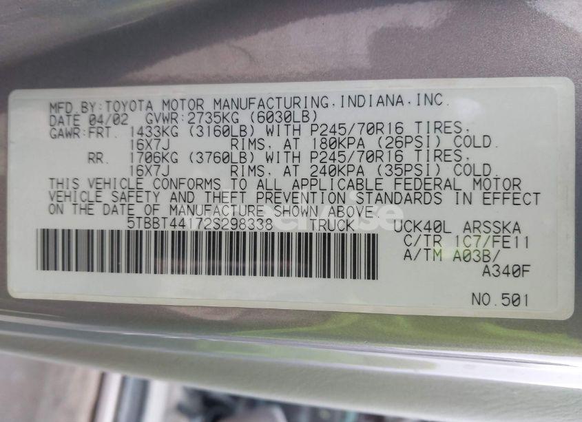 Photo 9 of 2002 Toyota Tundra SR5 V8 (VIN 5TBBT44172S298338)