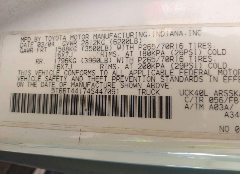 Photo 9 of 2004 Toyota Tundra SR5 V8 (VIN 5TBBT44174S447091)