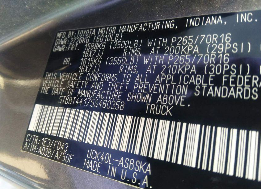 Photo 9 of 2005 Toyota Tundra SR5 V8 (VIN 5TBBT44175S460358)