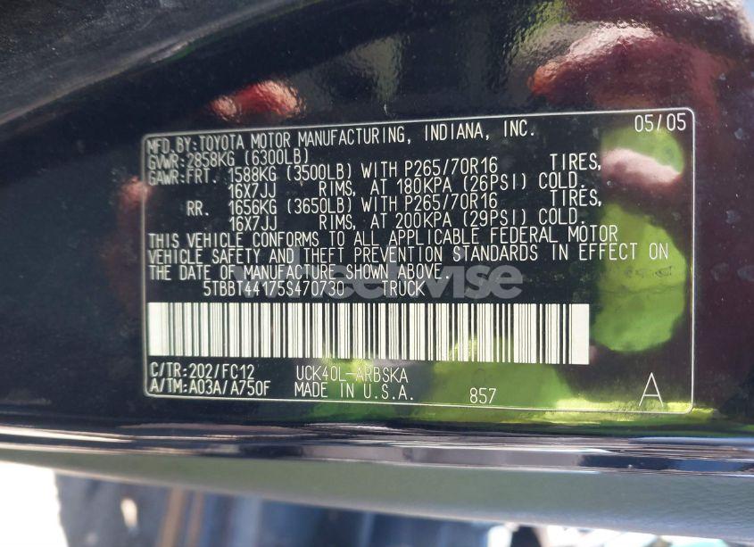 Photo 9 of 2005 Toyota Tundra SR5 V8 (VIN 5TBBT44175S470730)