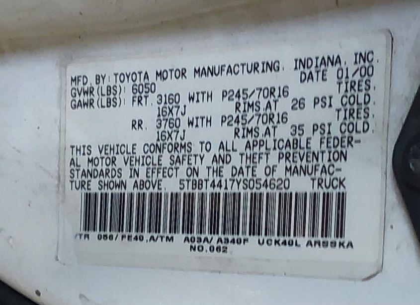 Photo 9 of 2000 Toyota Tundra SR5 V8 (VIN 5TBBT4417YS054620)