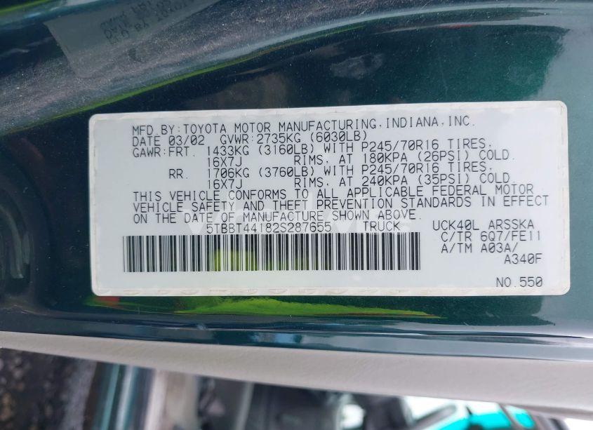 Photo 9 of 2002 Toyota Tundra SR5 V8 (VIN 5TBBT44182S287655)