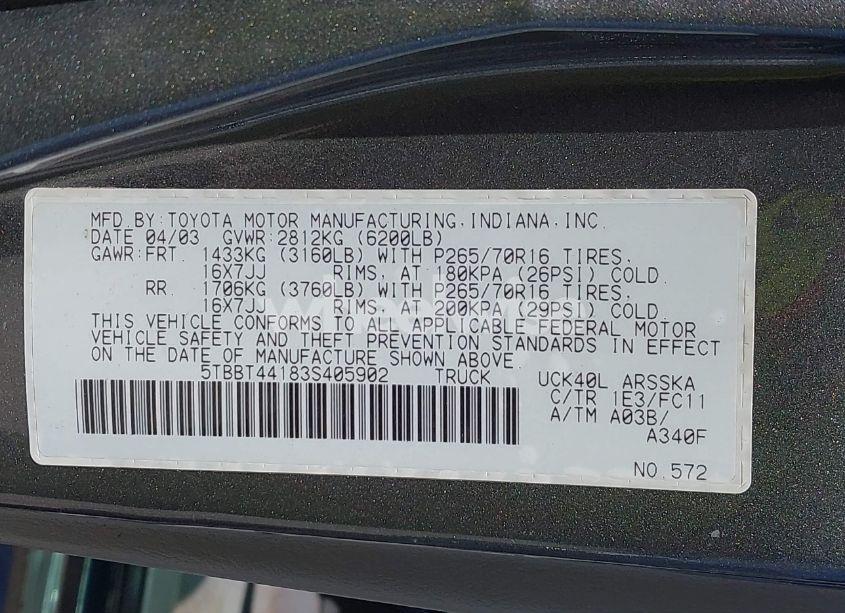 Photo 9 of 2003 Toyota Tundra SR5 V8 (VIN 5TBBT44183S405902)