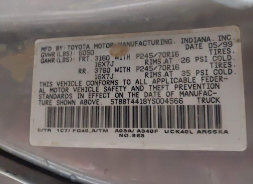 Photo 9 of 2000 Toyota Tundra SR5 V8 (VIN 5TBBT4418YS004566)