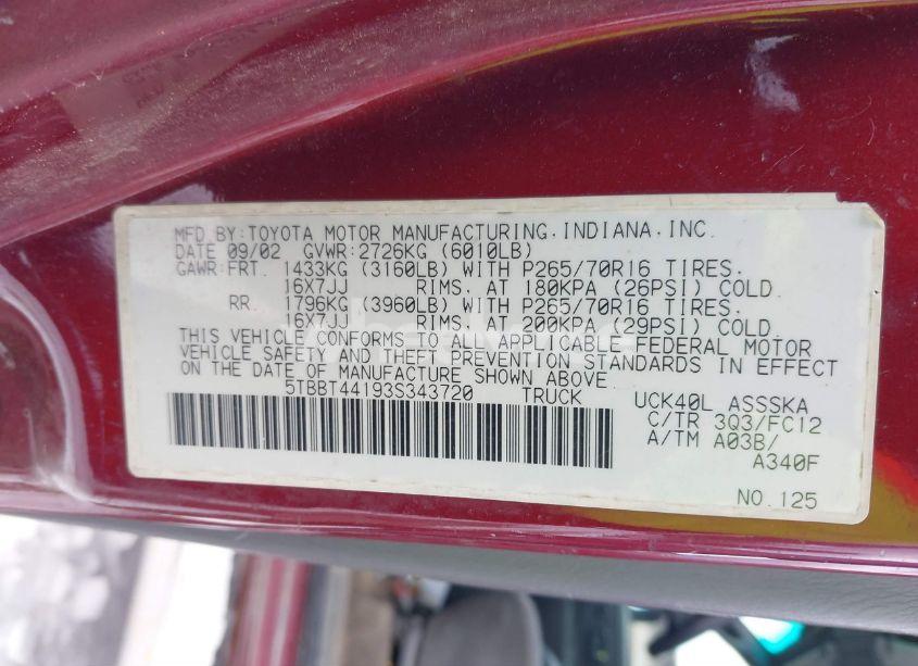 Photo 9 of 2003 Toyota Tundra SR5 V8 (VIN 5TBBT44193S343720)