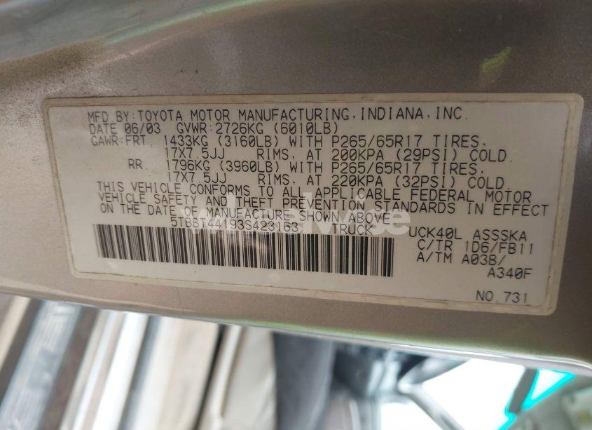 Photo 9 of 2003 Toyota Tundra SR5 V8 (VIN 5TBBT44193S423163)