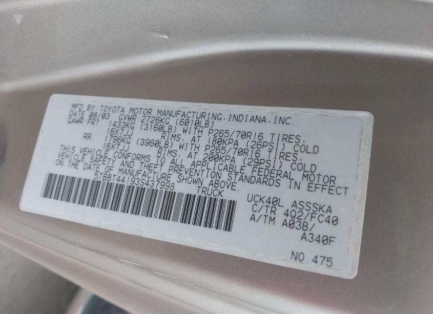 Photo 9 of 2003 Toyota Tundra SR5 V8 (VIN 5TBBT44193S437998)