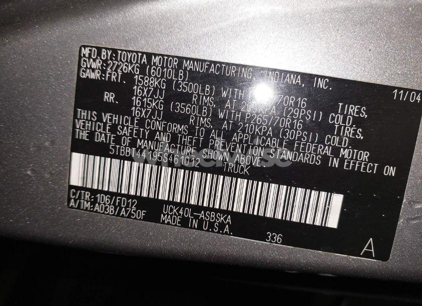 Photo 9 of 2005 Toyota Tundra SR5 V8 (VIN 5TBBT44195S461012)