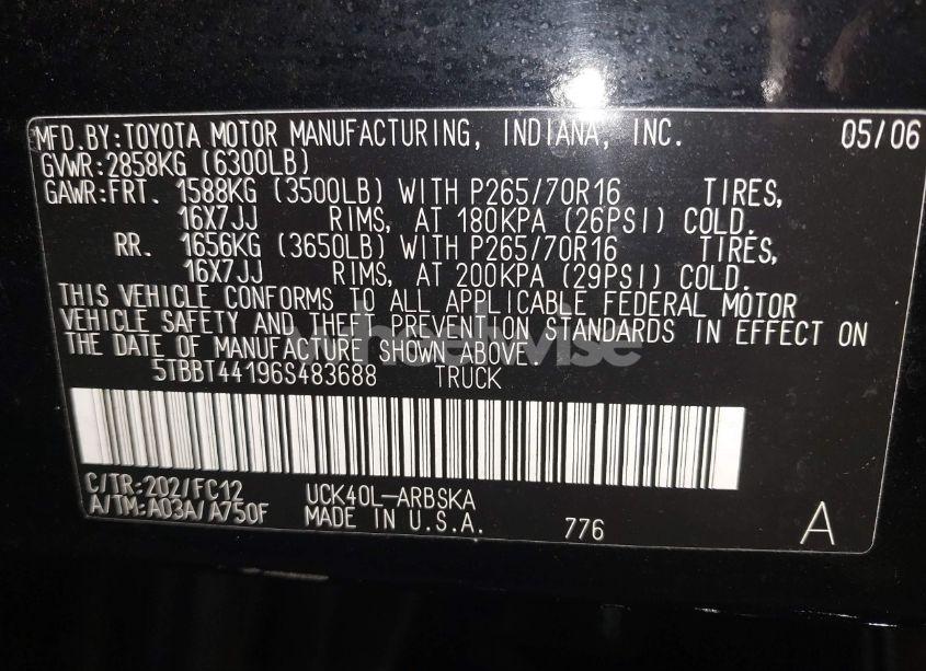 Photo 9 of 2006 Toyota Tundra SR5 V8 (VIN 5TBBT44196S483688)