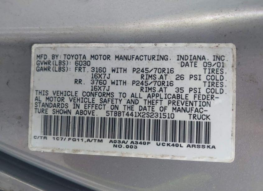 Photo 9 of 2002 Toyota Tundra SR5 V8 (VIN 5TBBT441X2S231510)