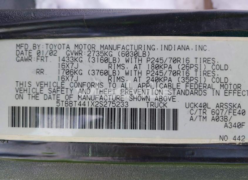 Photo 9 of 2002 Toyota Tundra SR5 V8 (VIN 5TBBT441X2S275233)