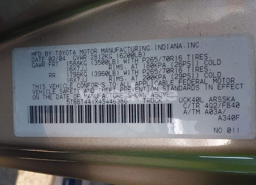 Photo 9 of 2004 Toyota Tundra SR5 V8 (VIN 5TBBT441X4S446386)