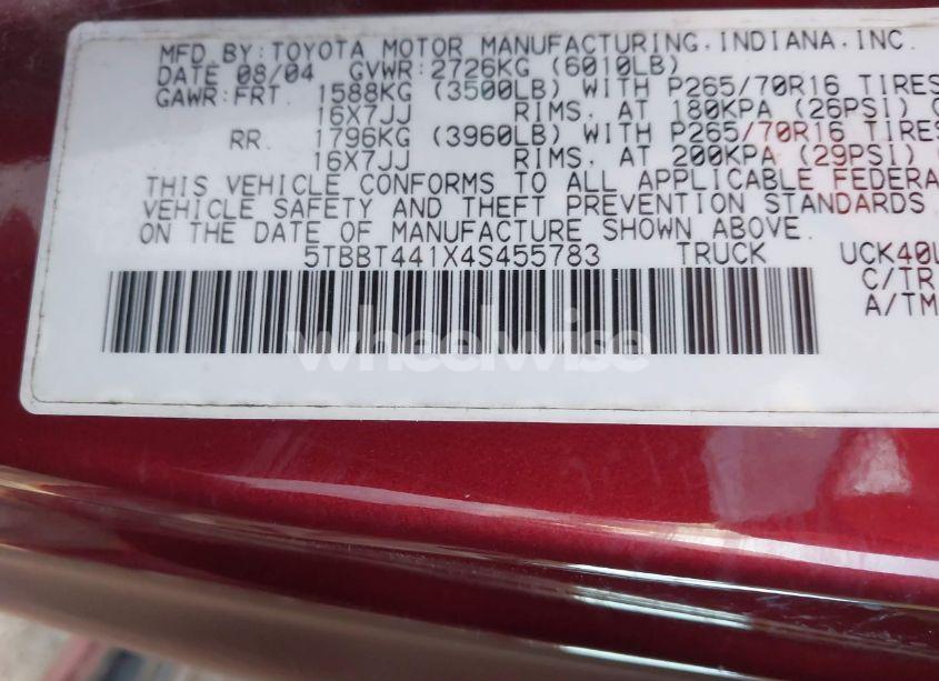 Photo 9 of 2004 Toyota Tundra SR5 V8 (VIN 5TBBT441X4S455783)