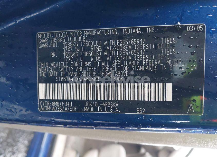 Photo 9 of 2005 Toyota Tundra SR5 V8 (VIN 5TBBT441X5S466669)