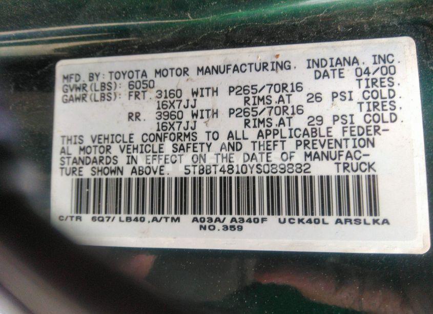 Photo 9 of 2000 Toyota Tundra LTD V8 (VIN 5TBBT4810YS089882)