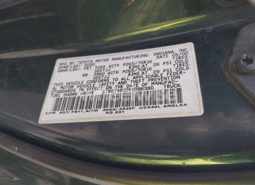 Photo 9 of 2000 Toyota Tundra LTD V8 (VIN 5TBBT4810YS096380)