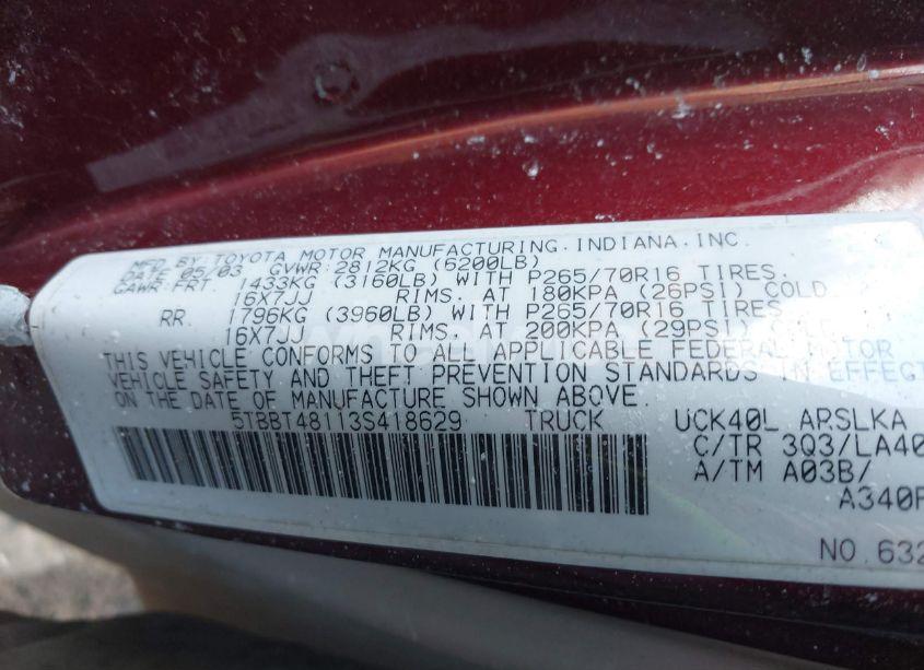 Photo 9 of 2003 Toyota Tundra LTD V8 (VIN 5TBBT48113S418629)