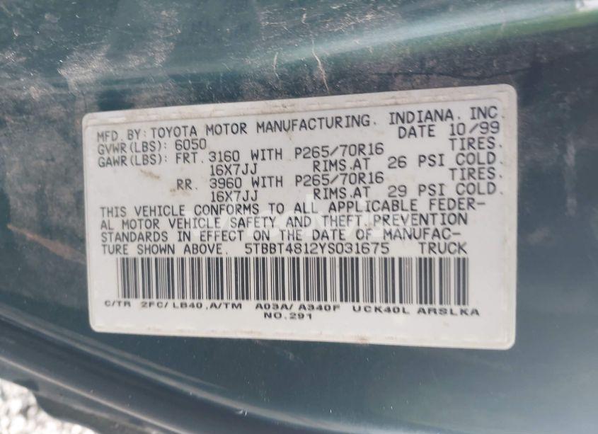 Photo 9 of 2000 Toyota Tundra LTD V8 (VIN 5TBBT4812YS031675)