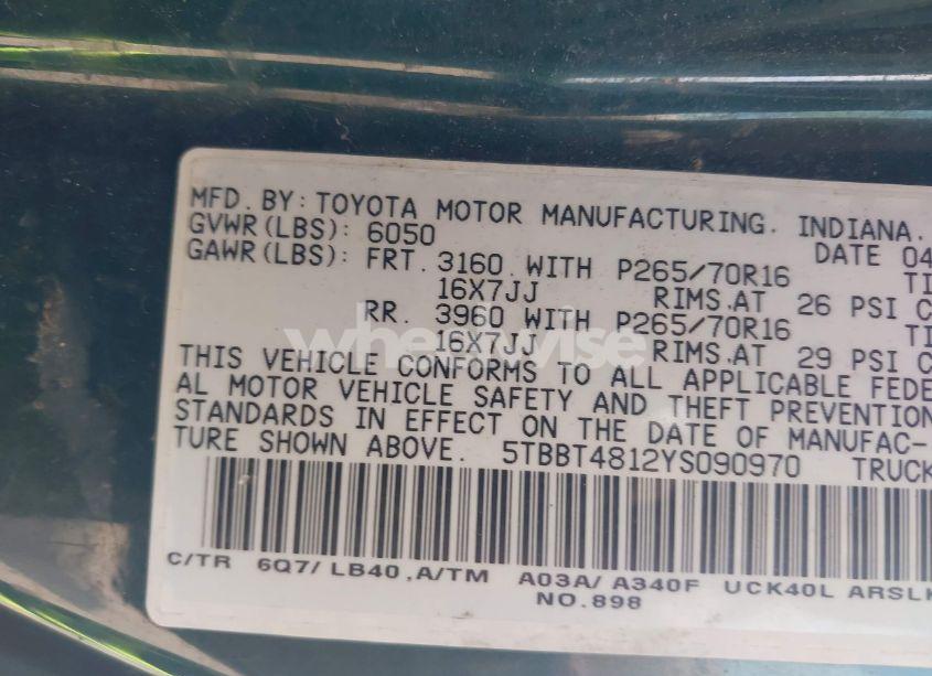 Photo 9 of 2000 Toyota Tundra LTD V8 (VIN 5TBBT4812YS090970)