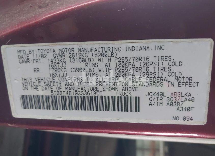 Photo 9 of 2003 Toyota Tundra LTD V8 (VIN 5TBBT48193S361855)