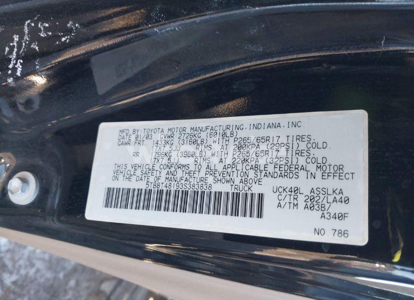 Photo 9 of 2003 Toyota Tundra LIMITED V8 (VIN 5TBBT48193S383838)