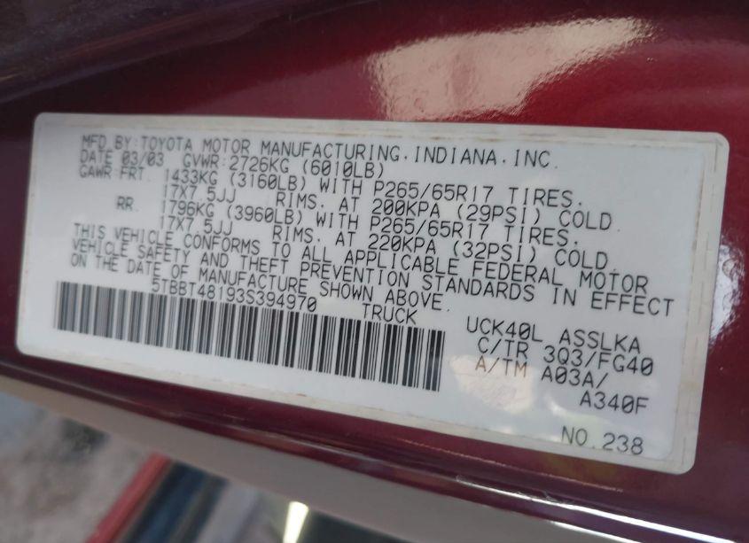 Photo 9 of 2003 Toyota Tundra LIMITED V8 (VIN 5TBBT48193S394970)