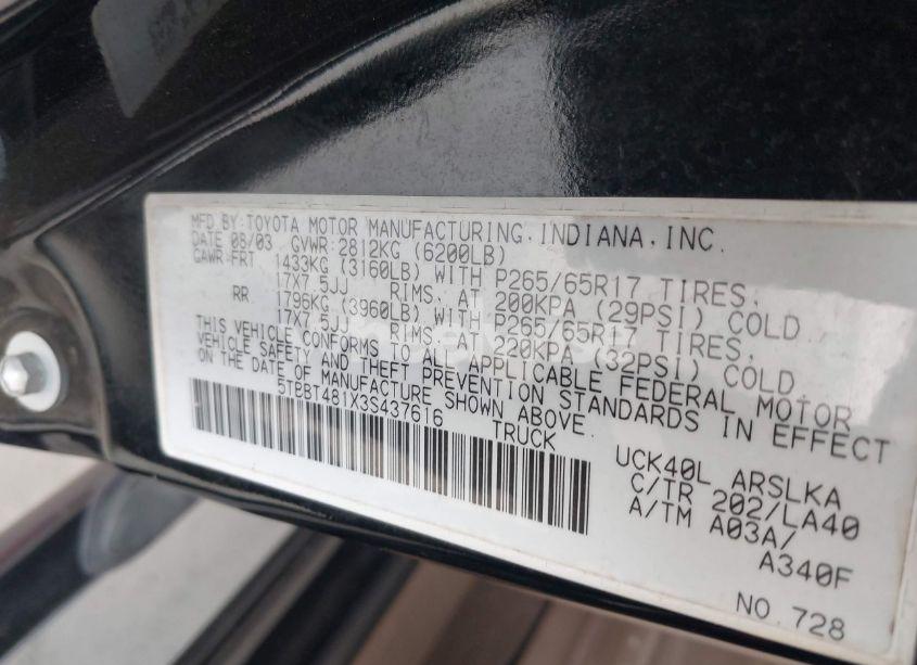 Photo 9 of 2003 Toyota Tundra LTD V8 (VIN 5TBBT481X3S437616)