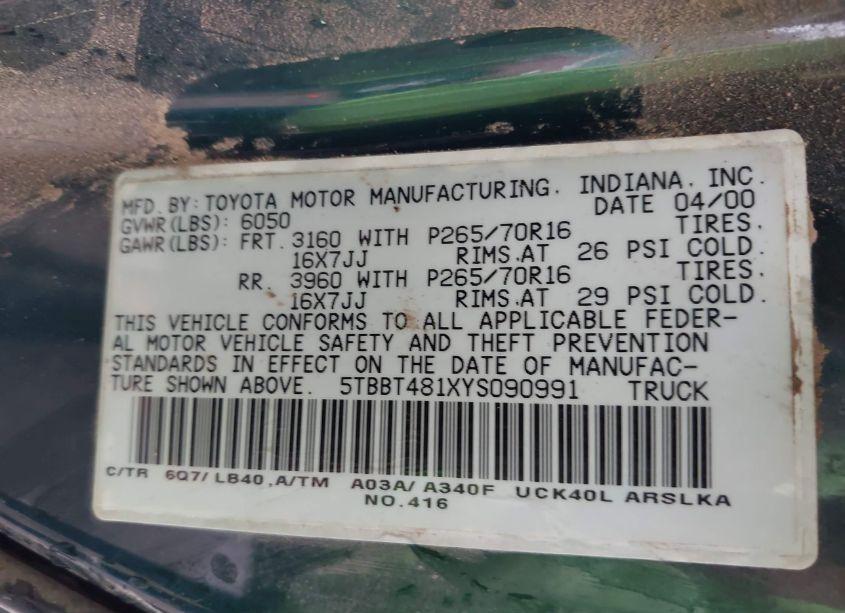 Photo 9 of 2000 Toyota Tundra LTD V8 (VIN 5TBBT481XYS090991)