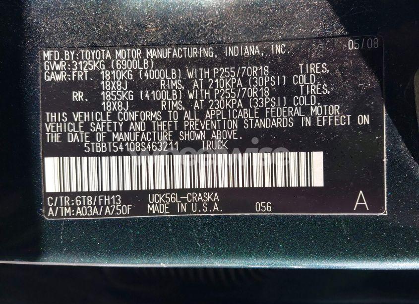 Photo 9 of 2008 Toyota Tundra BASE 4.7L V8 (VIN 5TBBT54108S463211)