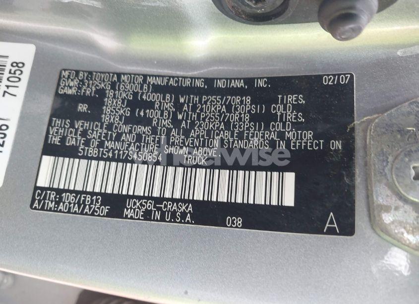 Photo 9 of 2007 Toyota Tundra SR5 4.7L V8 (VIN 5TBBT54117S450854)