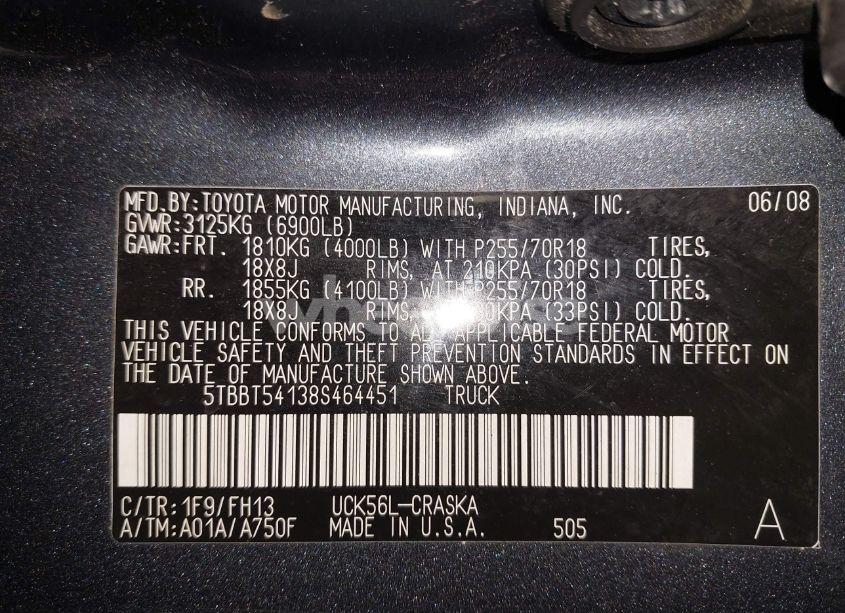 Photo 9 of 2008 Toyota Tundra BASE 4.7L V8 (VIN 5TBBT54138S464451)