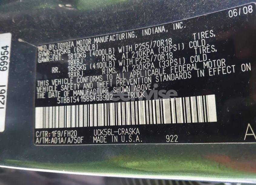 Photo 9 of 2008 Toyota Tundra BASE 4.7L V8 (VIN 5TBBT54158S463902)