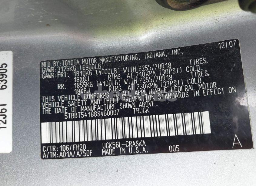 Photo 9 of 2008 Toyota Tundra BASE 4.7L V8 (VIN 5TBBT54188S460007)