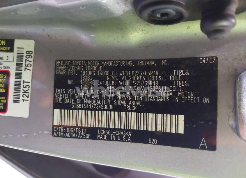 Photo 9 of 2007 Toyota Tundra SR5 4.7L V8 (VIN 5TBBT541X7S453008)