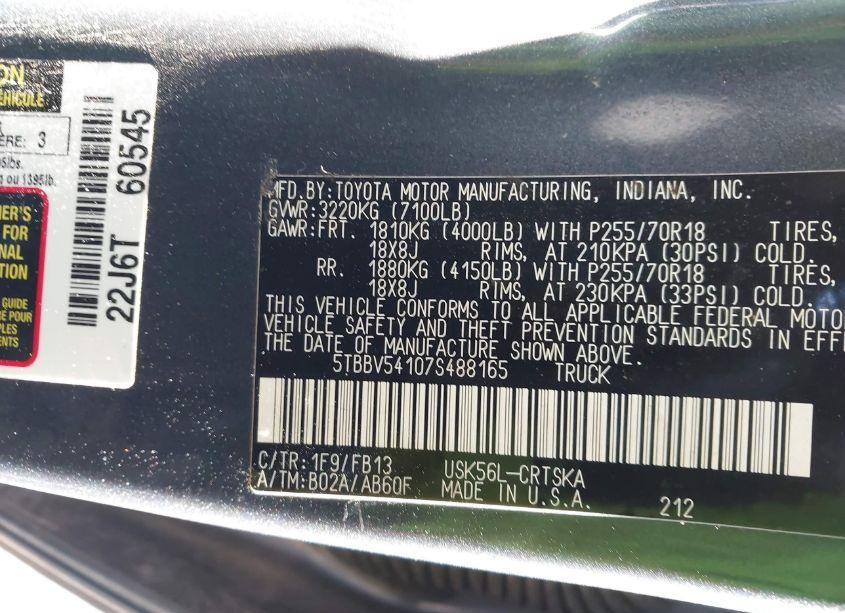 Photo 9 of 2007 Toyota Tundra SR5 5.7L V8 (VIN 5TBBV54107S488165)