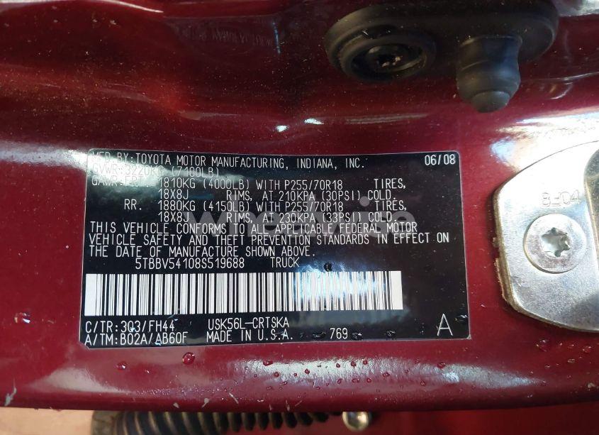 Photo 9 of 2008 Toyota Tundra SR5 5.7L V8 (VIN 5TBBV54108S519688)