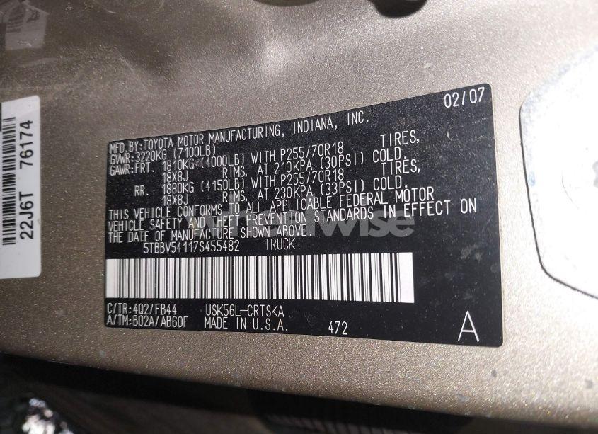 Photo 9 of 2007 Toyota Tundra SR5 5.7L V8 (VIN 5TBBV54117S455482)