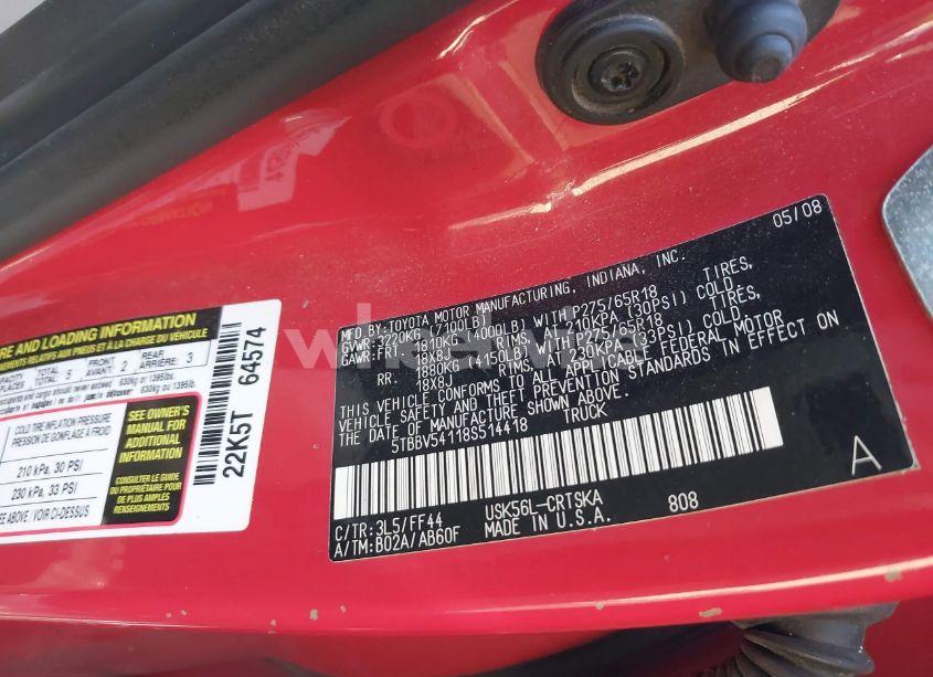 Photo 9 of 2008 Toyota Tundra SR5 5.7L V8 (VIN 5TBBV54118S514418)