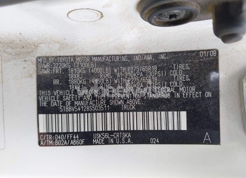 Photo 9 of 2008 Toyota Tundra SR5 5.7L V8 (VIN 5TBBV54128S503511)