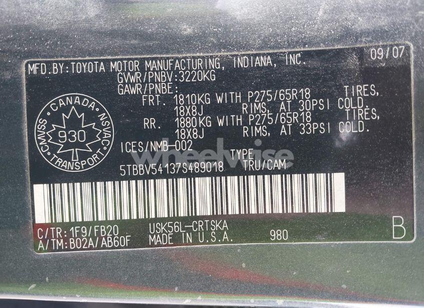 Photo 9 of 2007 Toyota Tundra SR5 5.7L V8 (VIN 5TBBV54137S489018)