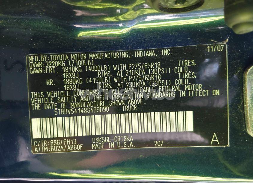 Photo 9 of 2008 Toyota Tundra SR5 5.7L V8 (VIN 5TBBV54148S499090)