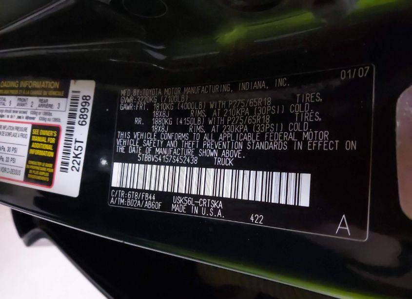 Photo 9 of 2007 Toyota Tundra SR5 5.7L V8 (VIN 5TBBV54157S452438)