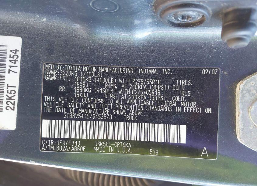 Photo 9 of 2007 Toyota Tundra SR5 5.7L V8 (VIN 5TBBV54157S453573)