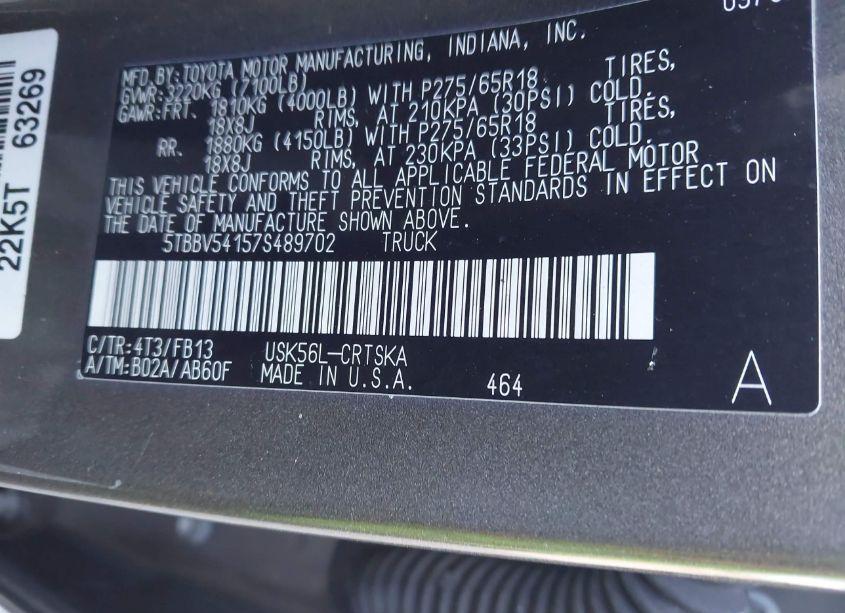 Photo 9 of 2007 Toyota Tundra SR5 5.7L V8 (VIN 5TBBV54157S489702)