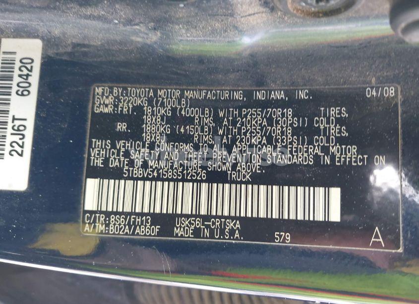 Photo 9 of 2008 Toyota Tundra BASE 5.7L V8 (VIN 5TBBV54158S512526)